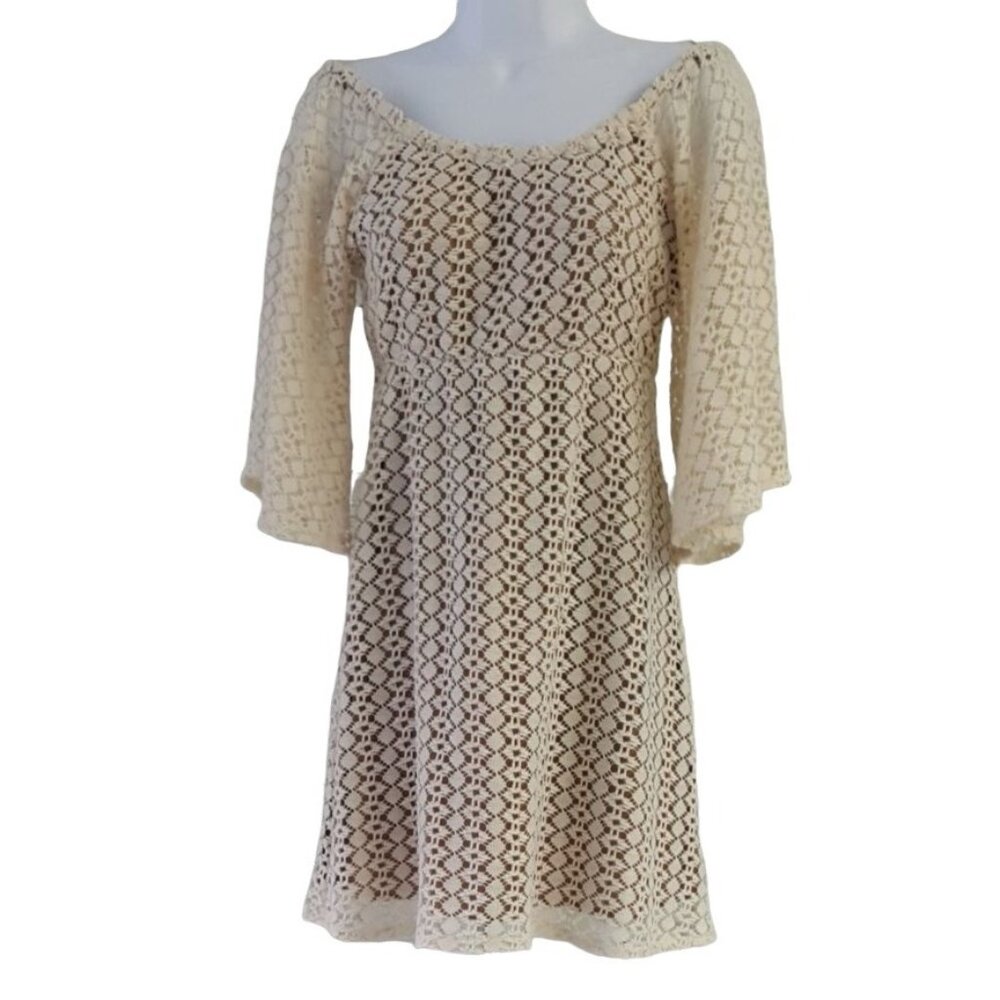 Judith March Crochet Dress Cream Brown Small Bell Sleeve Overlay Off Shoulder